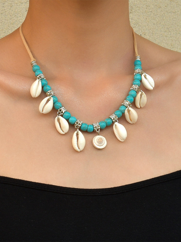 Bohemian shell pendant turquoise beaded velvet braided adjustable necklace for men and women - Blue / FREESIZE