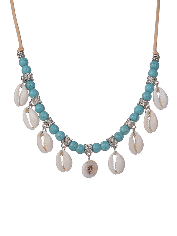 Bohemian shell pendant turquoise beaded velvet braided adjustable necklace for men and women - Blue / FREESIZE