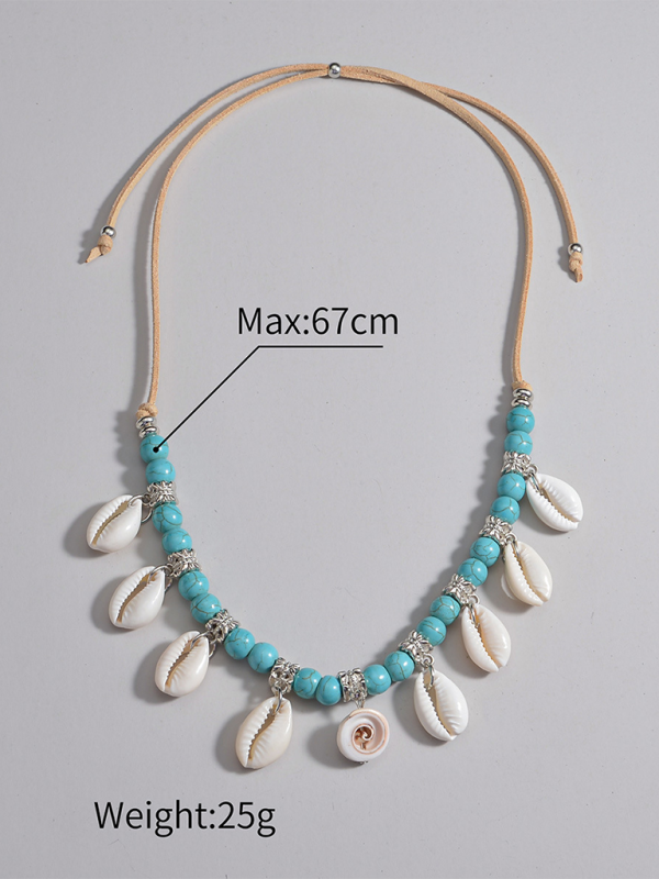 Bohemian shell pendant turquoise beaded velvet braided adjustable necklace for men and women - Blue / FREESIZE