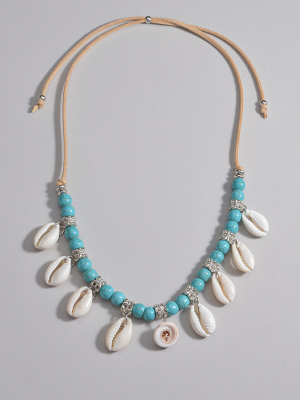 Bohemian shell pendant turquoise beaded velvet braided adjustable necklace for men and women - Blue / FREESIZE