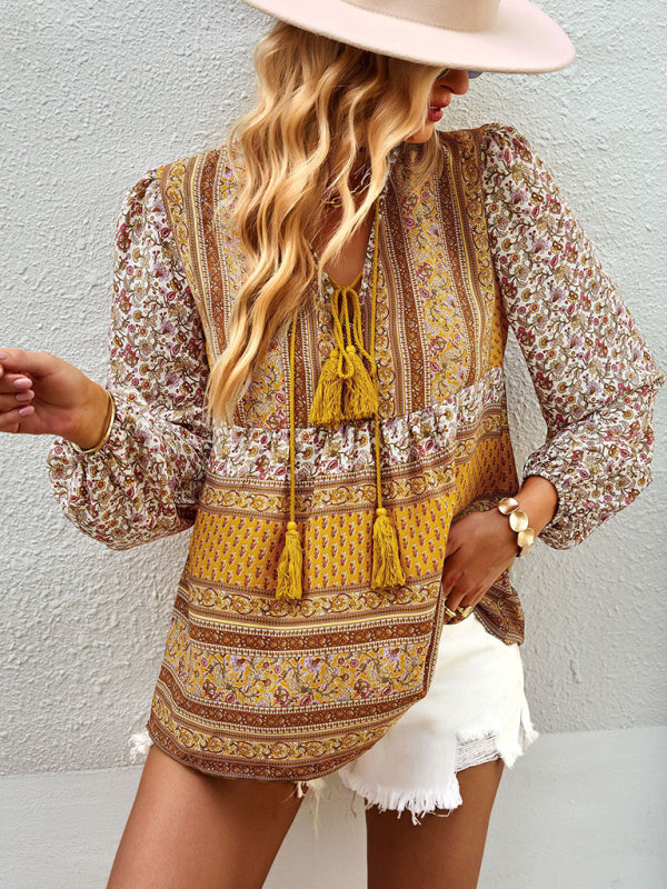 Bohemian temperament top shirt spring and autumn four seasons new shirt - Yellow / S