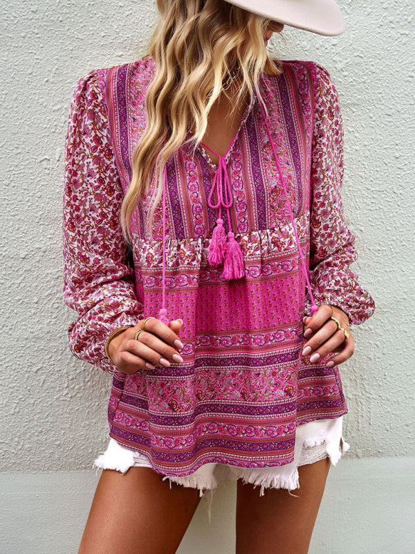 Bohemian temperament top shirt spring and autumn four seasons new shirt - Pink / S