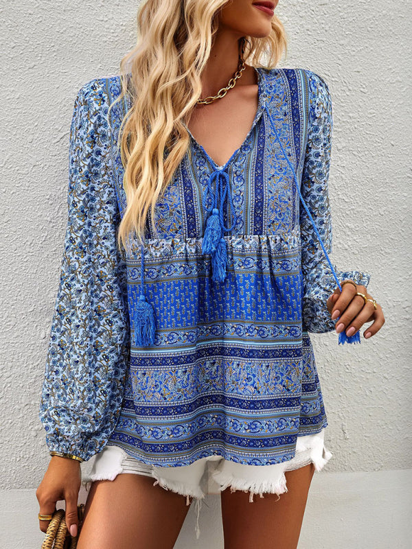 Bohemian temperament top shirt spring and autumn four seasons new shirt - Blue / S