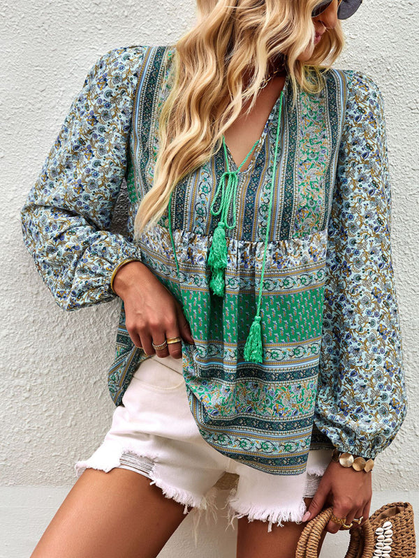 Bohemian temperament top shirt spring and autumn four seasons new shirt - Green / S
