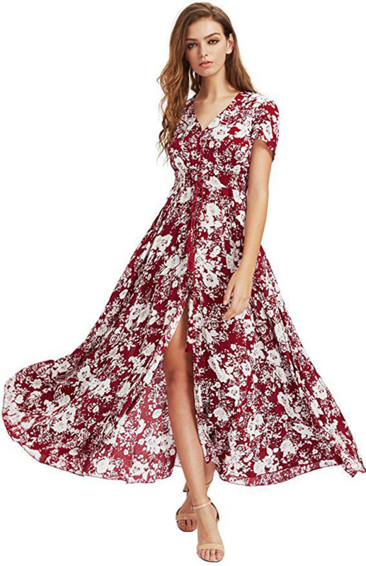 Bohemian Vintage Ethnic Pattern V-Neck Loose Long Dress - Wine Red / S