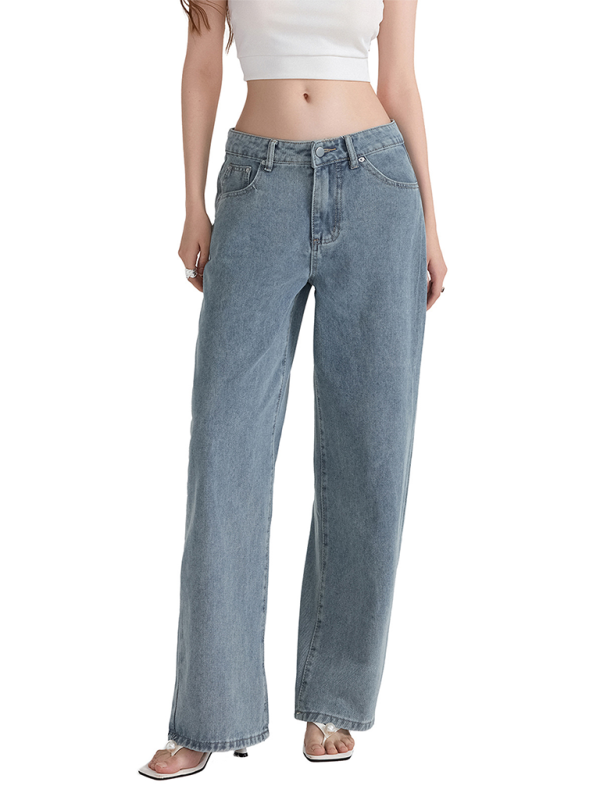 Bow Embroidered Fashion Casual Non-Stretch Straight Trousers - Clear blue / S