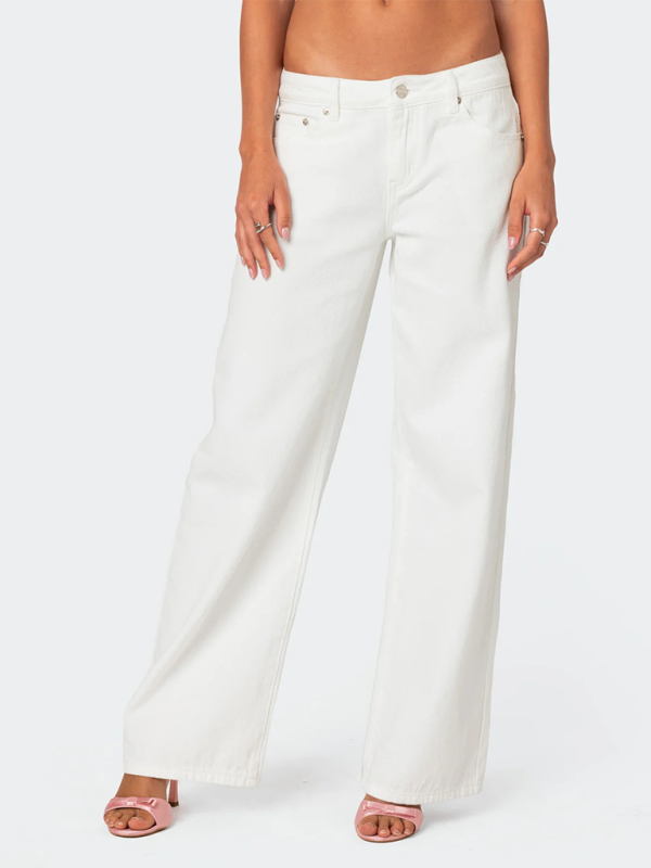 Bow Embroidered Fashion Casual Non-Stretch Straight Trousers - White / S