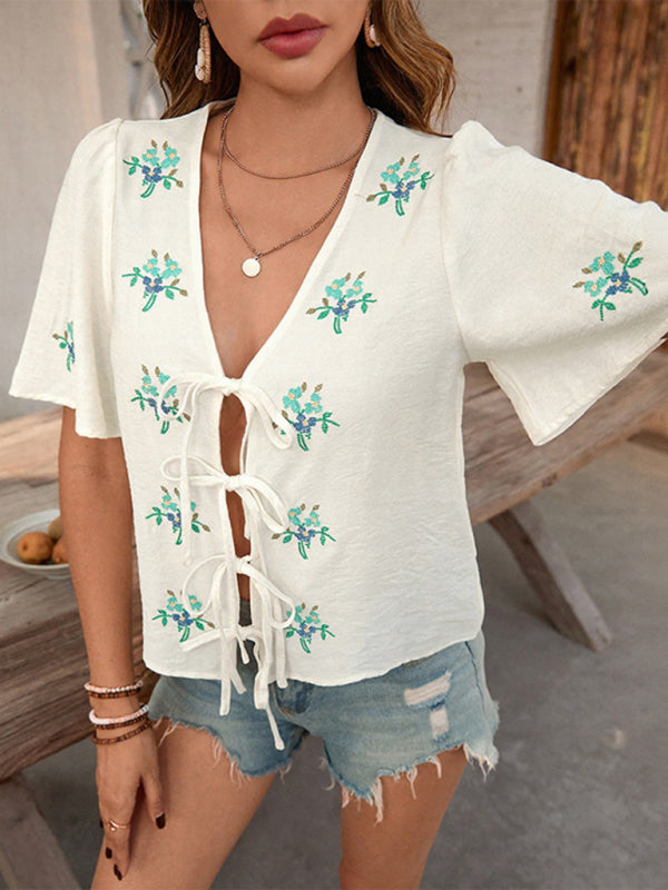 Bow Tie Shirt Embroidered Cardigan Top - Cracker khaki / S