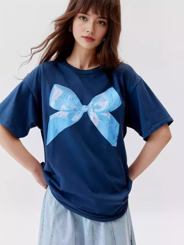 Butterfly T-shirt for women simple style round neck and short sleeves - Blue / S