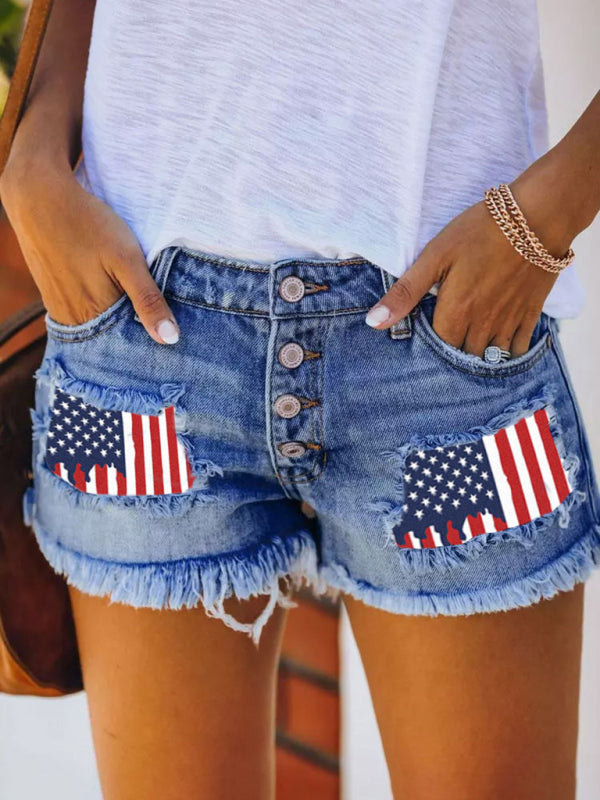 Button-breasted printed patch denim shorts with ripped fringed hot pants - Clear blue / S
