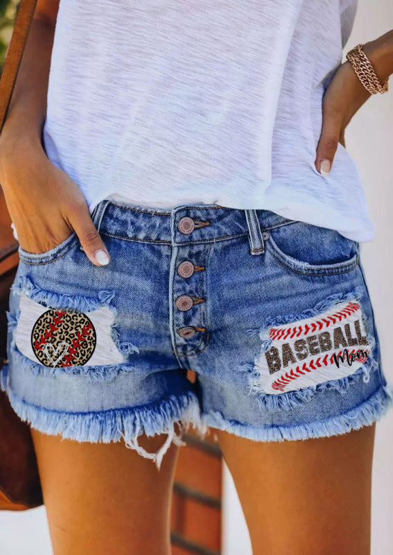 Button-breasted printed patch denim shorts with ripped fringed hot pants - Sky blue azure / S