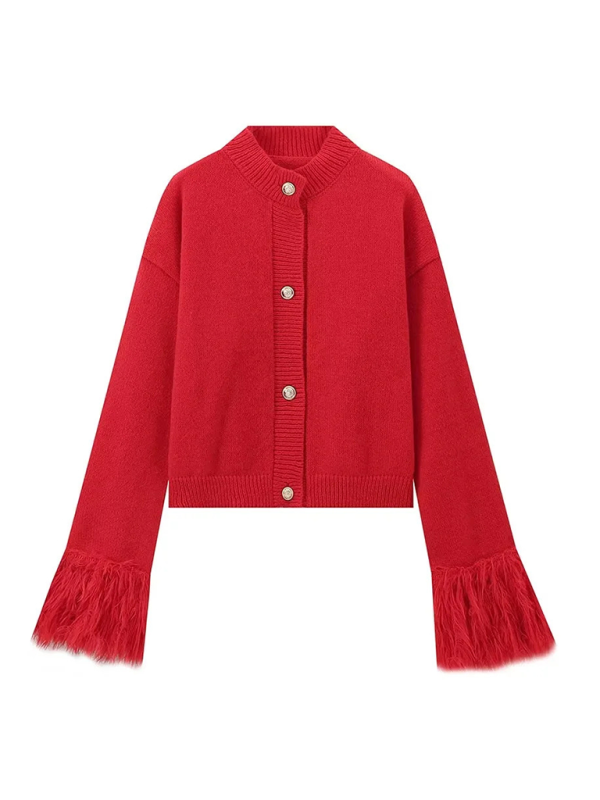 Cardigan Sweater with Fur Patchwork Cuffs - Red / S