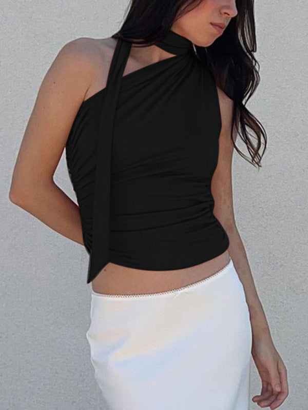 Casual all-match slim-fit one-shoulder streamer design solid color sleeveless vest top - Black / S