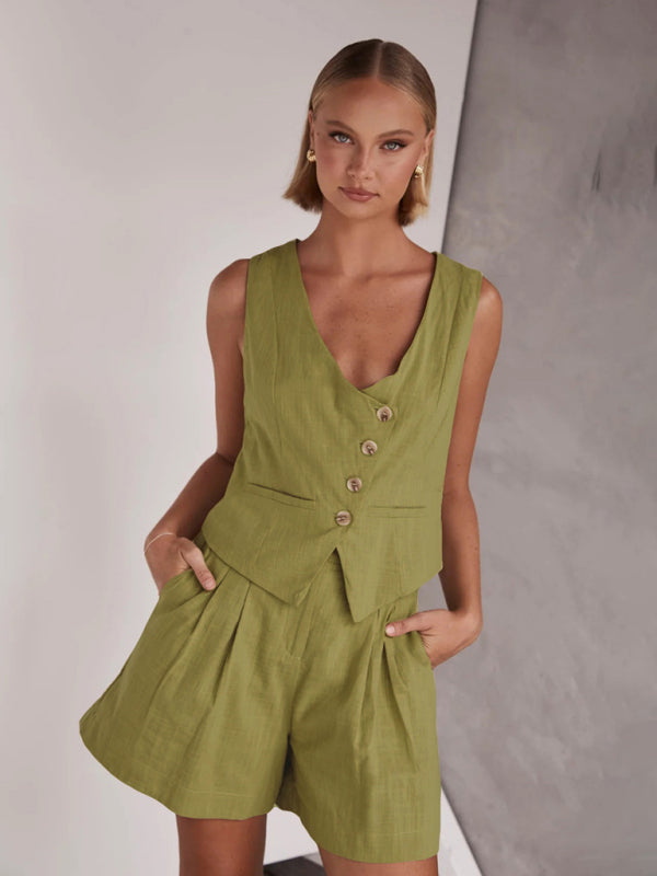 Casual and fashionable single-breasted vest V-neck shorts suit - Green / S