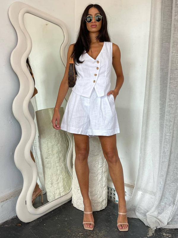 Casual and fashionable single-breasted vest V-neck shorts suit - White / S