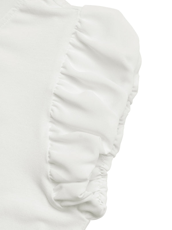 White ruffled sleeve detail on Casual Bowknot Round Neck Pullover Beaded Puff Sleeve T-shirt