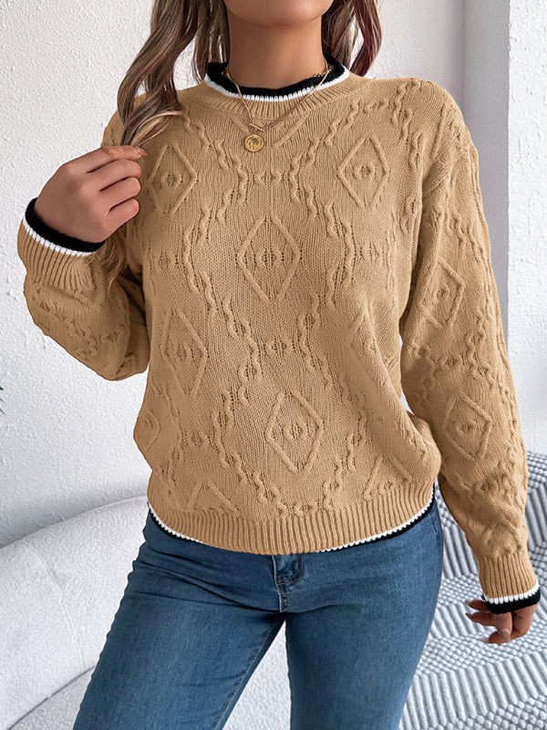 Casual Colorblocked Twist Long Sleeve Pullover Sweater - Khaki / S