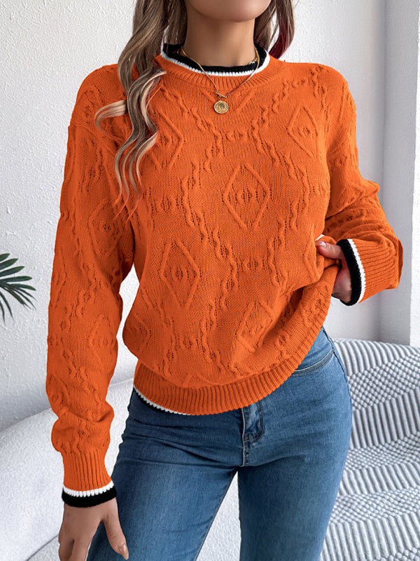 Casual Colorblocked Twist Long Sleeve Pullover Sweater - Orange / S