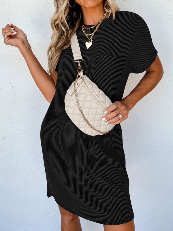Casual contrasting wavy striped short-sleeved pocket dress - Black / S