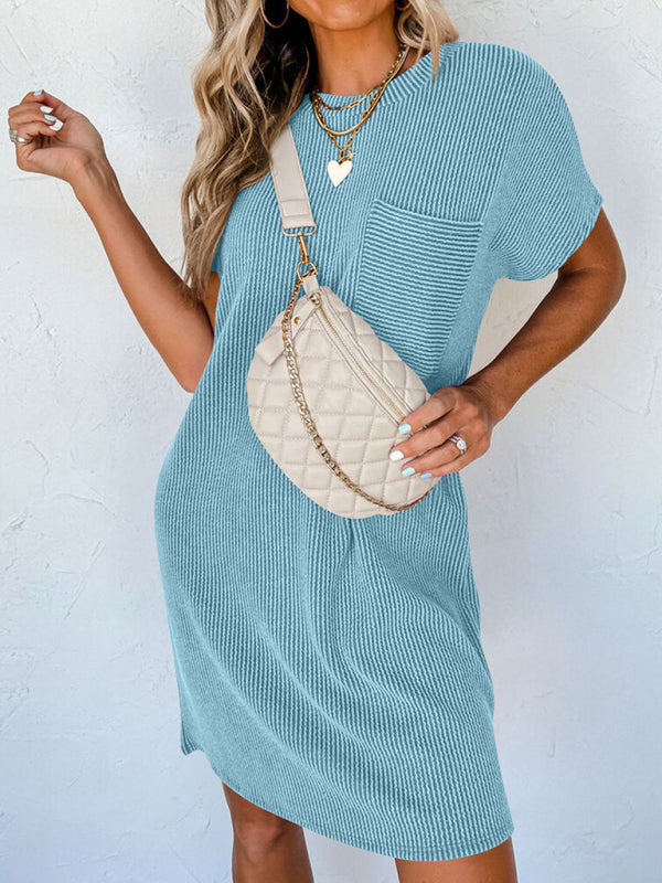 Casual contrasting wavy striped short-sleeved pocket dress - Blue / S