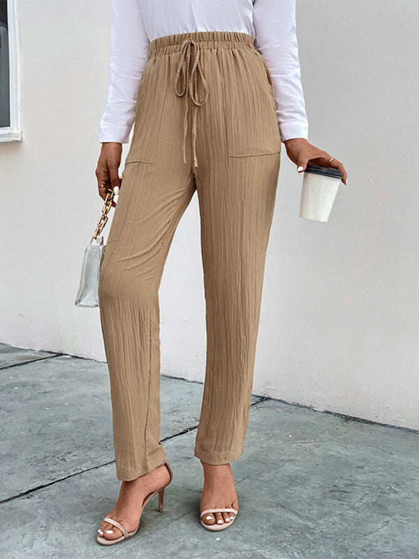 Casual elastic waist pleated women’s pants - Khaki / S