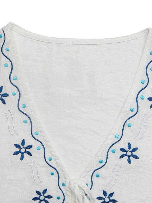 White embroidered v-neck top from Casual Embroidered Cardigan Set Sleeveless Vest Shorts two-piece set