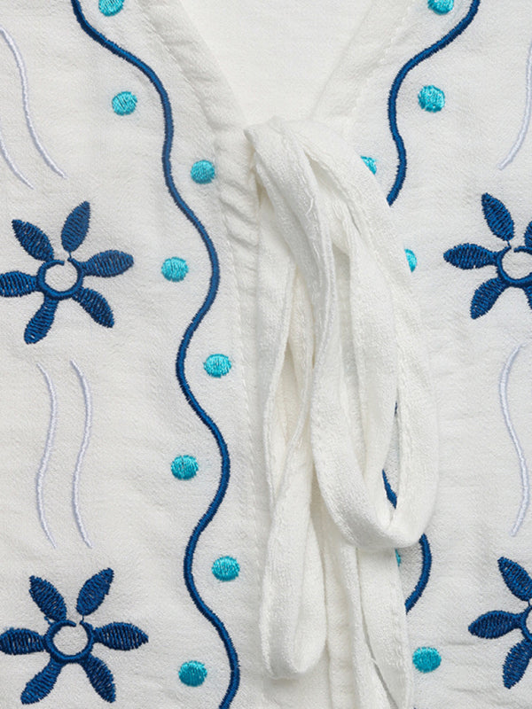 White embroidered blouse with tie from the Casual Embroidered Cardigan Set Sleeveless Vest Shorts Two-piece Set