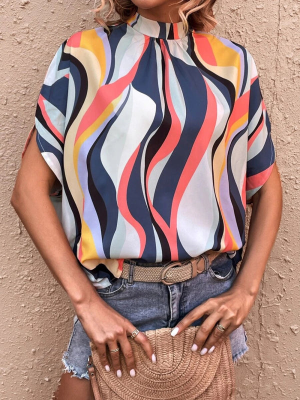 Casual Fashion Printed Slit Dolman Sleeve Top Women - Orange / S