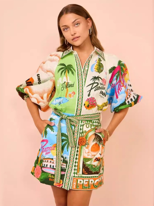 Casual fashion printed versatile cardigan shirt with dress - Green / S