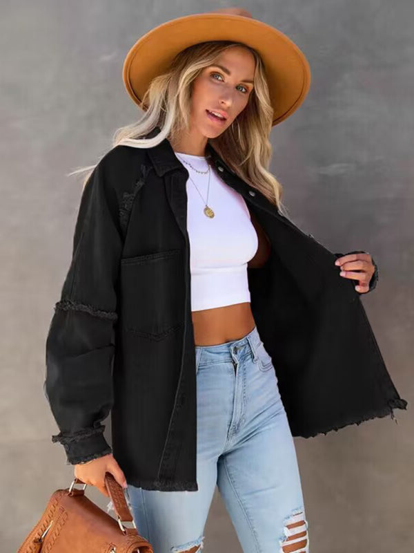 Casual Fringed Ripped Loose Denim Jacket - Black / S