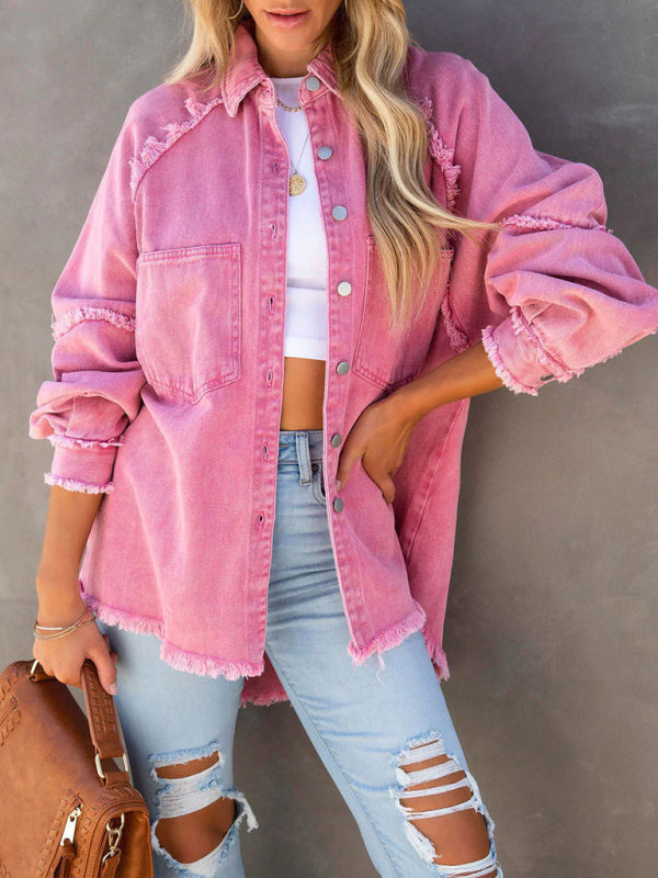 Casual Fringed Ripped Loose Denim Jacket - Pink / S