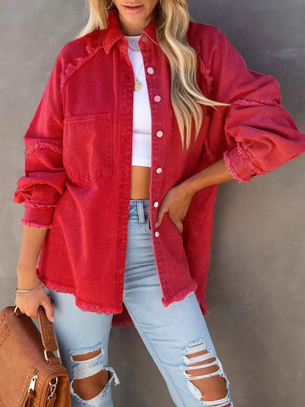 Casual Fringed Ripped Loose Denim Jacket - Red / S
