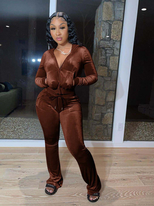 Casual Hat Wide Leg Pants Two Piece Set - Coffee / S