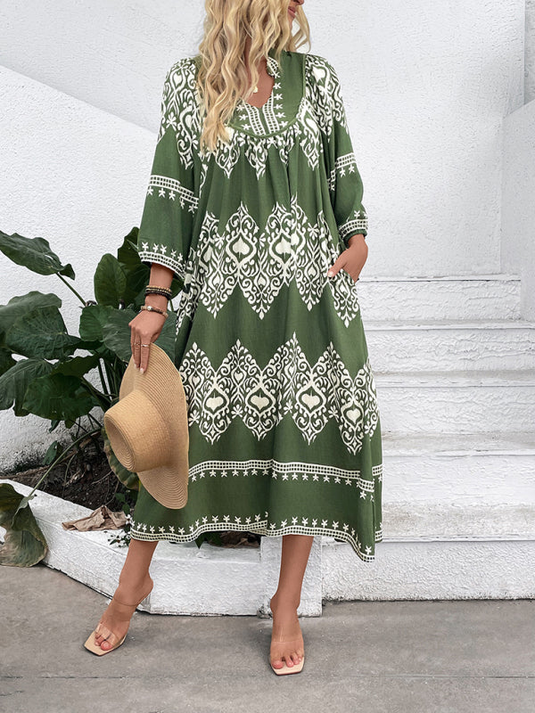 Green and white patterned midi dress in rayon offers a casual holiday ethnic style