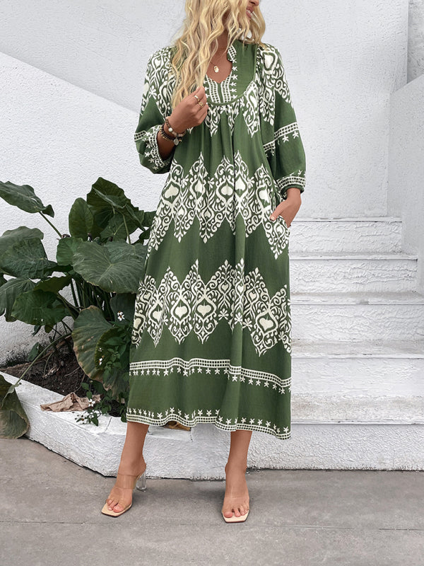 Green and white geometric print maxi dress made from rayon offers a casual holiday ethnic style