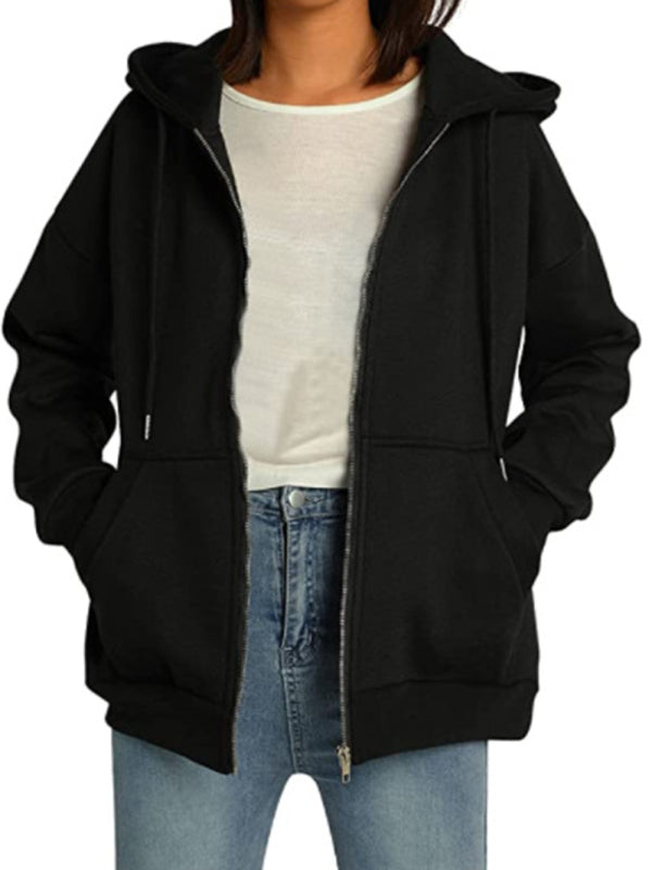 Casual hooded thickened zipper cardigan sweater - Black / S