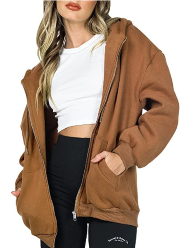 Casual hooded thickened zipper cardigan sweater - Brown / S