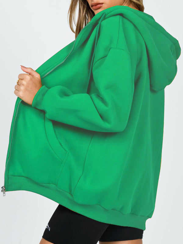Casual hooded thickened zipper cardigan sweater - Green / S