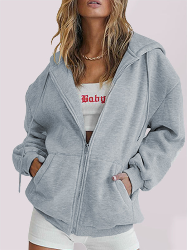 Casual hooded thickened zipper cardigan sweater - Grey / S