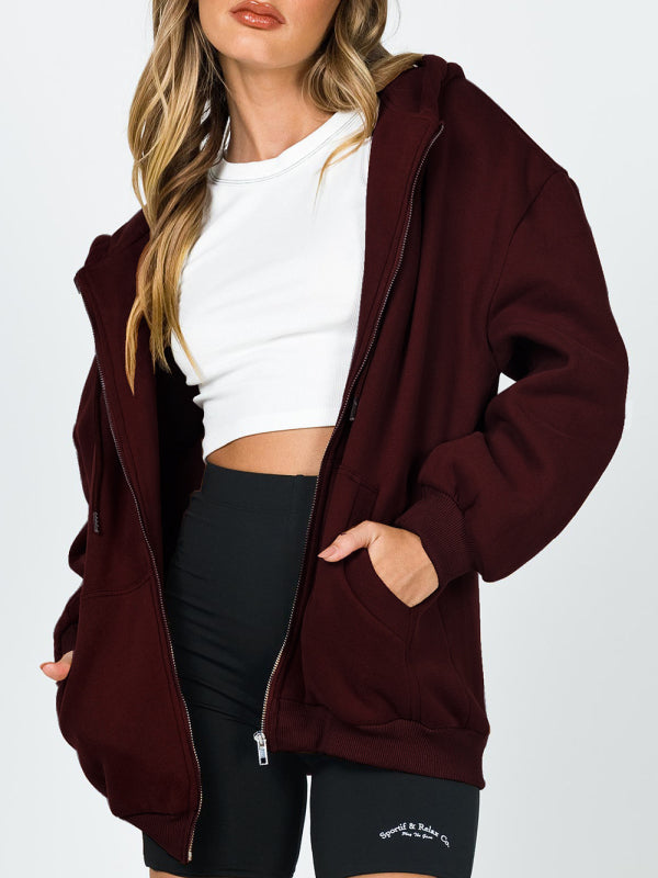 Casual hooded thickened zipper cardigan sweater - Purplish red / S