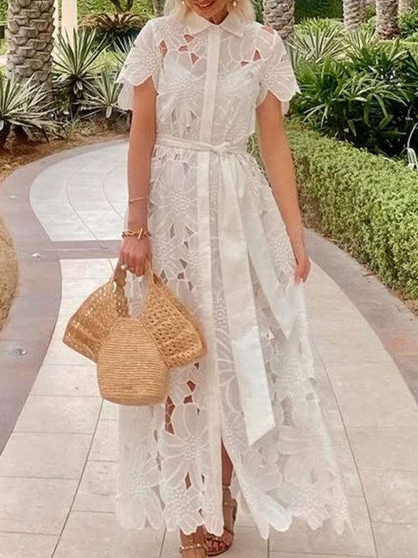 Casual Lace Cardigan Single Breasted Dress - White / S