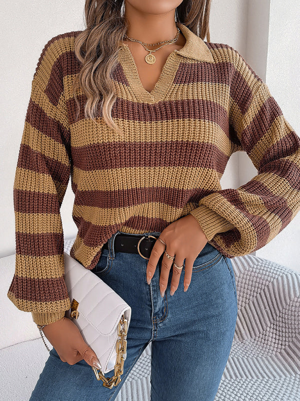 Casual Lapel Collar Contrast Stripe Long Sleeve Knit Pullover - Khaki / S