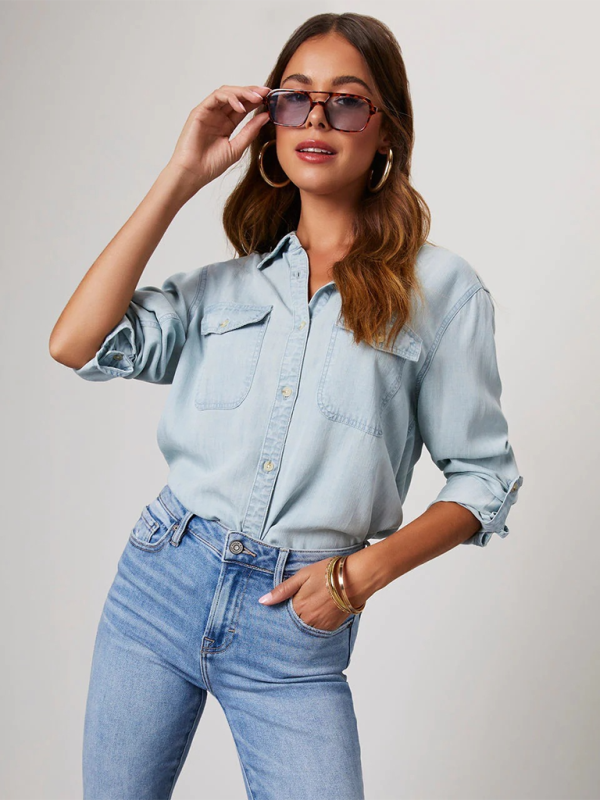 Casual lapel single-breasted long-sleeved denim shirt - Clear blue / S