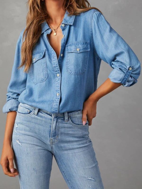 Casual lapel single-breasted long-sleeved denim shirt - Purplish blue navy / S