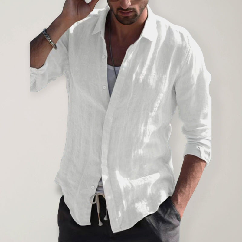 Casual long sleeved cotton linen solid color shirt - White / M