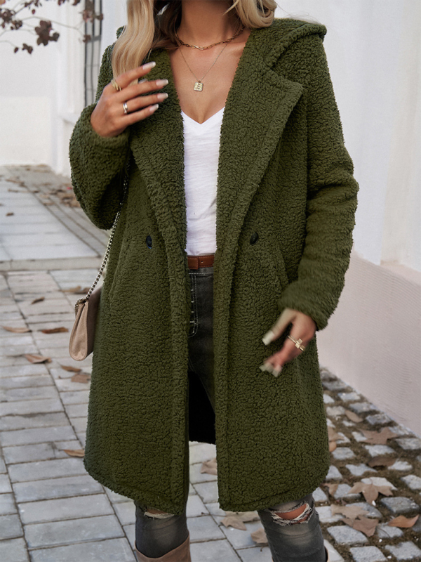 Casual Loose Hooded Plush Coat for Women - Olive green / S