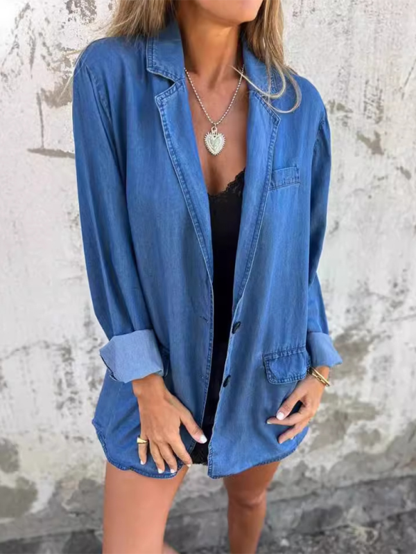 Casual loose lapel suit collar denim jacket - Blue / S