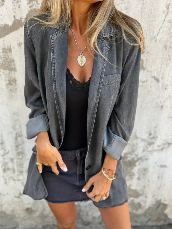 Casual loose lapel suit collar denim jacket - Grey / S