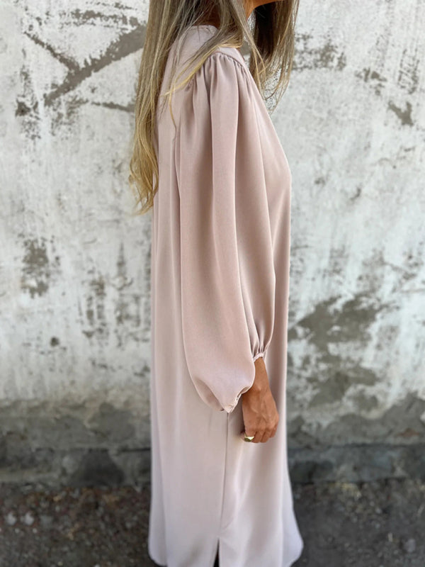 Casual loose V-neck solid color women’s lantern sleeve dress