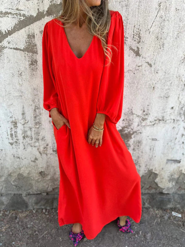 Casual loose V-neck solid color women’s lantern sleeve dress